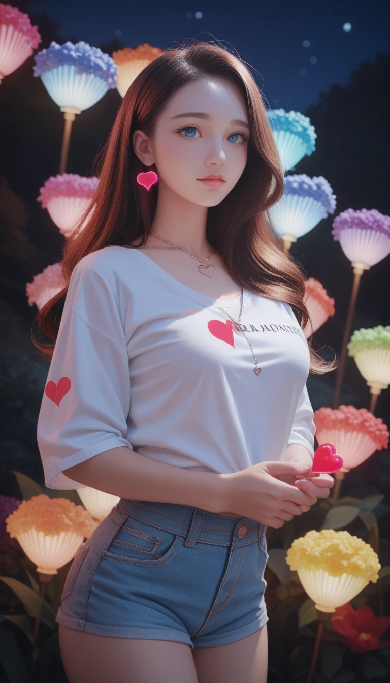 score_9_up, score_8_up, score_7_up, score_6_up,4K, June scenery, Beautiful woman, Long hair, Brown hair, Medium breasts, blue eyes, White shirt, Hot Pants, Neon Red Heart Necklace, Looking at the audience, night, Colorful hydrangea