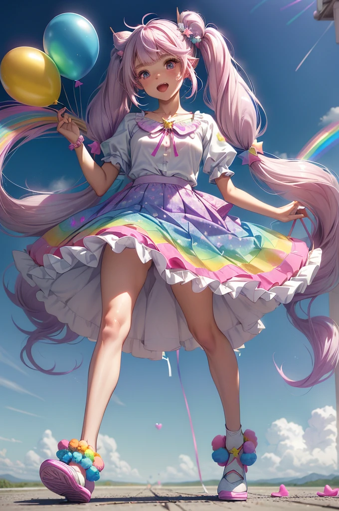 (whole body, legs and shoes visible: 1.2)) Expressive eyes, One girl, Pale skin, Long Hair, Windblown Hair, ((absurdly Long Hair)), Long Side Lock, Princess bangs, Hair bangs, Hair Bun, ((Very long twin tails)), Rainbow Hair, Light pink hair, blush, full face blush, big sparkling Pastel Purple eyes, (Gradient Eye), Laughing with your mouth open, cute pose, ((Holding a balloon : 1.3)) ((cute and pastel fashion)) ((🦄🎠🎈🎉 theme : 1.4)) A loose pastel dress, ((Dreamy multi-colored open dress)), (Floating ribbon), Lavender Frill, Pink frills, (Light blue lace), Removable short sleeves, Fluffy skirt, ((Rainbow and star printed skirt : 1.3)), Lolita Skirt, Purple ribbon, ((pom pom ribbon hair ornament : 1.4)), Multiple Bows, Striped lace stockings, (heart型のレッグガーター), cute (Pastel Purple) shoes ((Ultra-detailed clothing and fashion)) I'm watching you, Vintage Girl, blush, (Beautiful attention to detail), (Highly detailed CG Unity 8k wallpaper) (Best Shadow), ((Very delicate and beautiful)), (Detailed light), ((Depth of written boundary)) Big Head, Big, bright eyes, Moe, Splash Art, Cinema Lighting, Front view, volumetric lighting maximalist photo illustration k resolution high resolution intricate detailed complex key visuals precise linear ((Dreamy pastel sky background, Surrounded by sunset clouds, shooting star, Castle above the clouds)) ((Ultra-detailed landscapes, Foggy clouds, Hung by balloons, heart : 1.3))