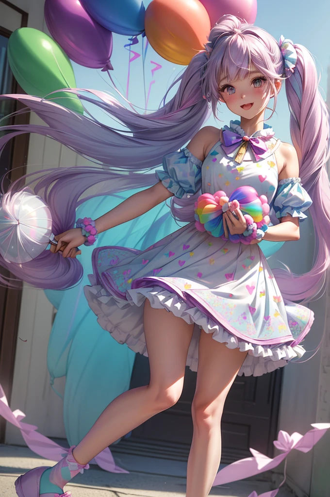 (whole body, legs and shoes visible: 1.2)) Expressive eyes, One girl, Pale skin, Long Hair, Windblown Hair, ((absurdly Long Hair)), Long Side Lock, Princess bangs, Hair bangs, Hair Bun, ((Very long twin tails)), Rainbow Hair, Light pink hair, blush, full face blush, big sparkling Pastel Purple eyes, (Gradient Eye), Laughing with your mouth open, cute pose, ((Holding a balloon : 1.3)) ((cute and pastel fashion)) ((🦄🎠🎈🎉 theme : 1.4)) A loose pastel dress, ((Dreamy multi-colored open dress)), (Floating ribbon), Lavender Frill, Pink frills, (Light blue lace), Removable short sleeves, Fluffy skirt, ((Rainbow and star printed skirt : 1.3)), Lolita Skirt, Purple ribbon, ((pom pom ribbon hair ornament : 1.4)), Multiple Bows, Striped lace stockings, (heart型のレッグガーター), cute (Pastel Purple) shoes ((Ultra-detailed clothing and fashion)) I&#39;m watching you, Vintage Girl, blush, (Beautiful attention to detail), (Highly detailed CG Unity 8k wallpaper) (Best Shadow), ((Very delicate and beautiful)), (Detailed light), ((Depth of written boundary)) Big Head, Big, bright eyes, Moe, Splash Art, Cinema Lighting, Front view, volumetric lighting maximalist photo illustration k resolution high resolution intricate detailed complex key visuals precise linear ((Dreamy pastel sky background, Surrounded by sunset clouds, shooting star, Castle above the clouds)) ((Ultra-detailed landscapes, Foggy clouds, Hung by balloons, heart : 1.3))