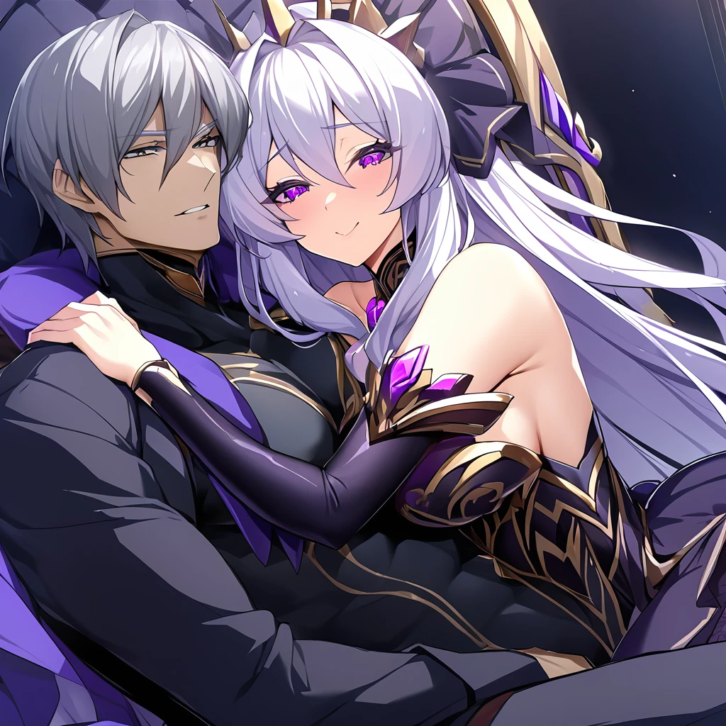 ((Highest quality)), ((masterpiece)), (detailed), (Perfect Face)、The woman is the evil queen Dark Extia, an evil transforming heroine with medium-long silver hair, wearing a gorgeous evil queen dress with gold embroidery and trim, gorgeous accessories, and an engagement ring. She has a happy expression on her face as she hugs the man, leans close to him, and kisses him.、The man is the evil king, Naioro, a handsome man with medium-long silver hair, wearing a black bodysuit and embracing a woman.、A man and a woman are sitting close together on a luxurious throne, making love.、A man and a woman are a deeply loving couple