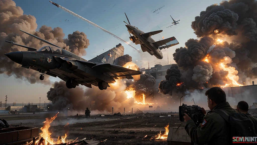 DRAW A PICTURE RUSSIAN HEADQUARTERS BURNING HEAVYLY ATTACKED BY FLYING WAR JETS