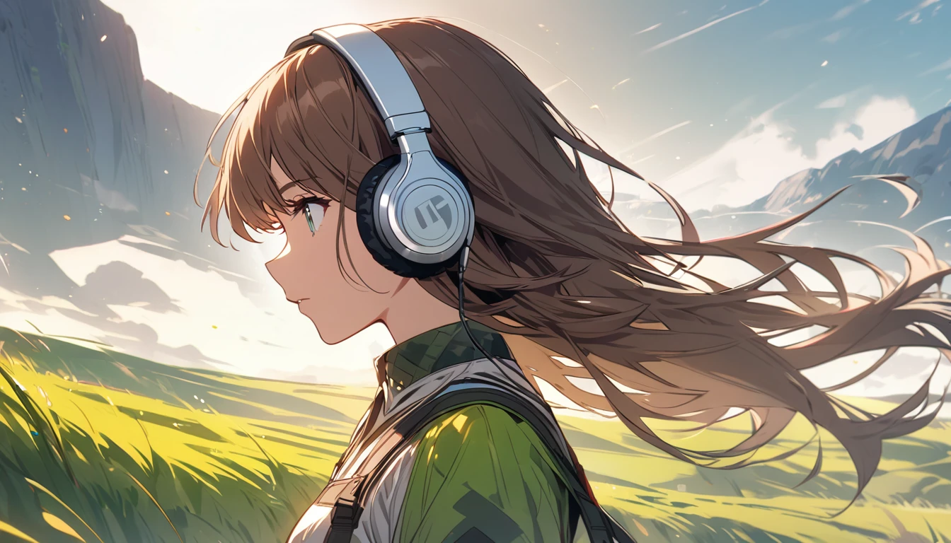 Girl wearing headphones,Brown Hair,1 person,bright,Detailed Background,Quiet Grassland - Free your mind in the vast grassland