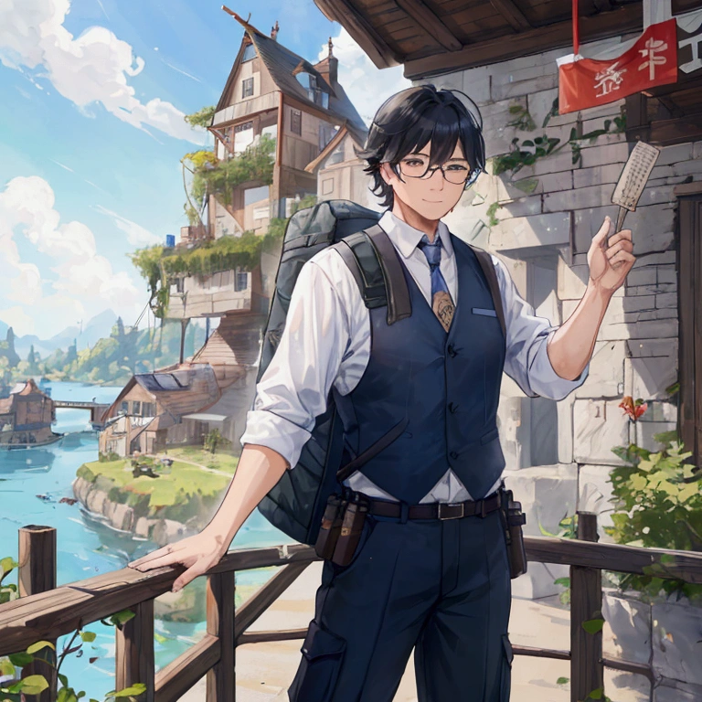 A middle-aged male adventurer expressing his gratitude and determination to a large group of residents.。In the background、A scene of the defense line being improved and the supply system being improved.、It depicts the residents understanding their roles and taking action.、Please express it in a way that gives a sense of new order and unity to the whole town.。