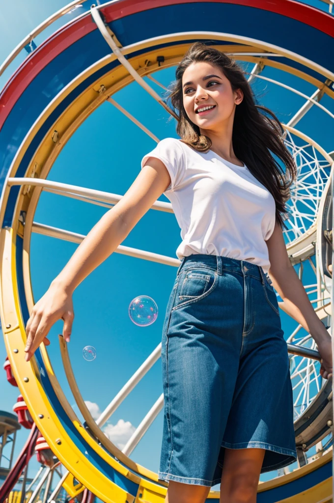 Girl with bubbles on a Ferris wheel