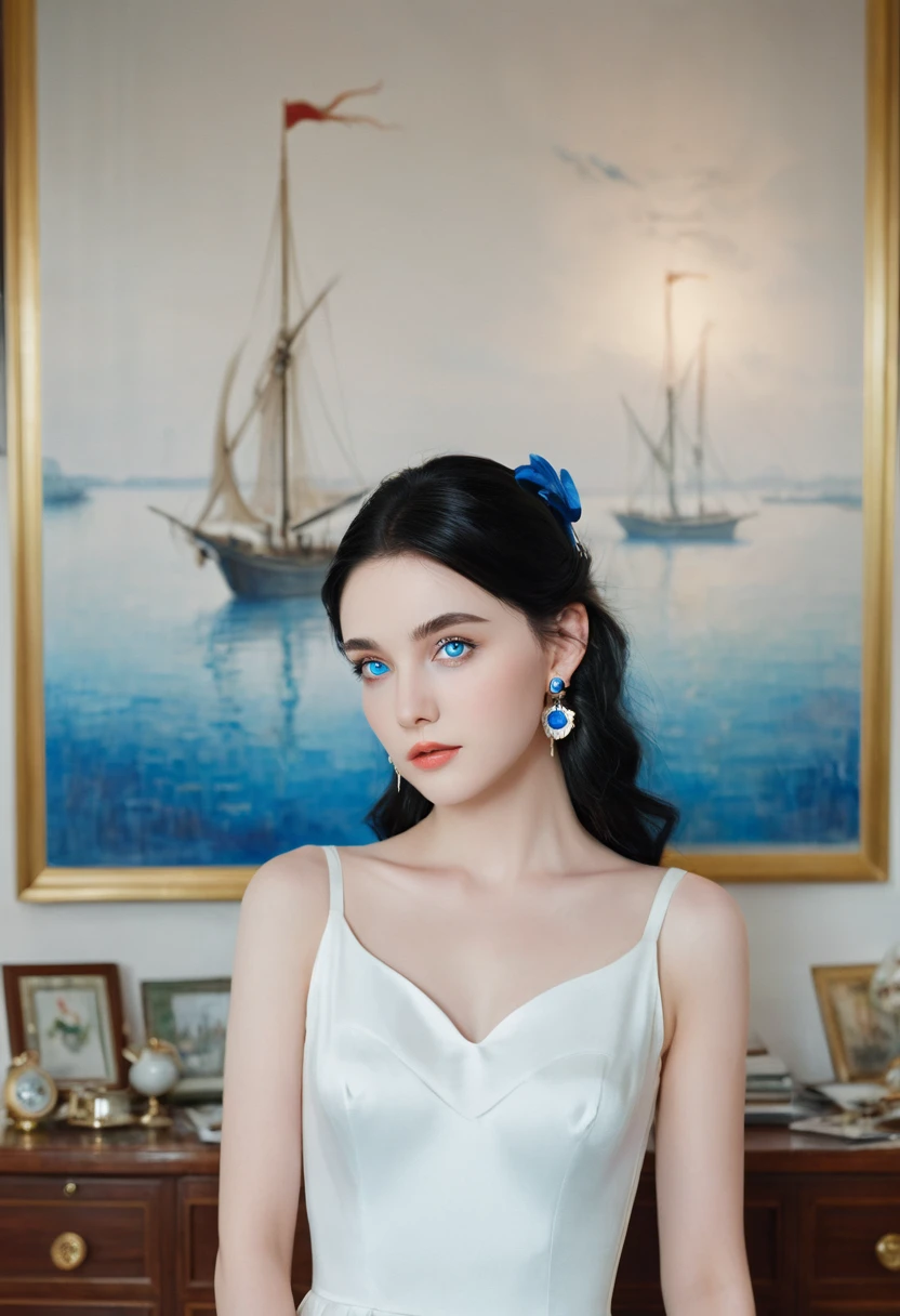 1 female, Black Hair, Blue pupils, Delicate face, Lovely, Love Earrings, White Dress, Standing in front of the bureau, Surrealism
