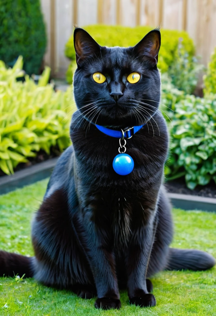 Make me a big shiny male black cat with yellow eyes and a blue collar with blue balls sitting in a garden