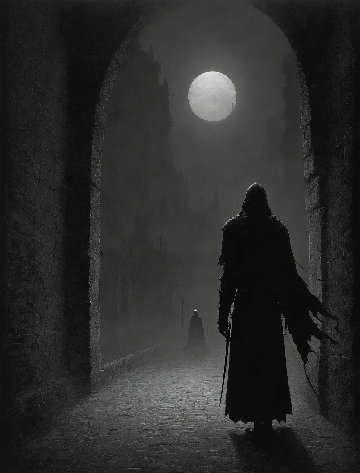 Assassin Knight, alone in the darkness, shadows, dirty, gothic, renaissance, dark night, cinematic, elden ring, Zdzisław Beksiński