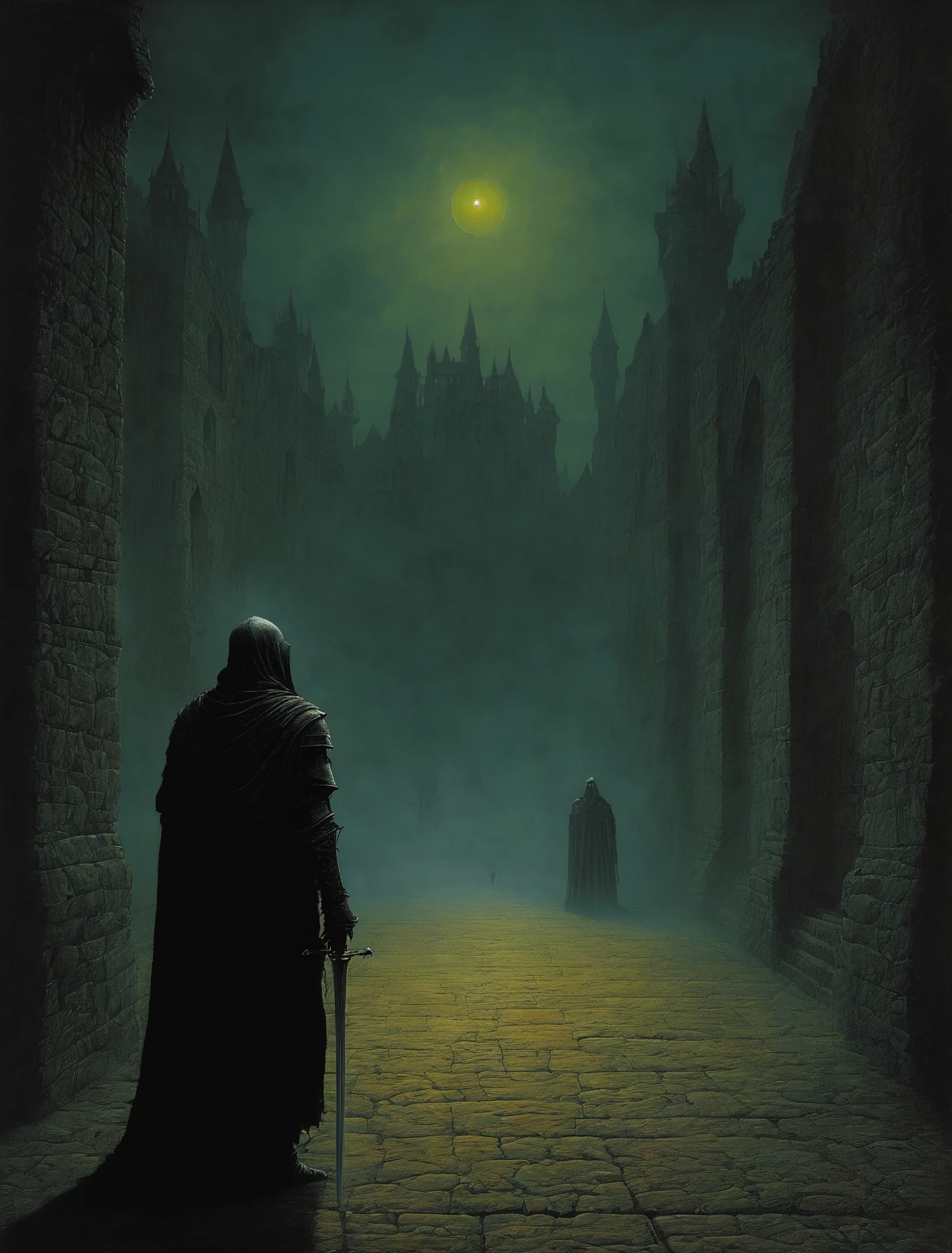 Assassin Knight, alone in the darkness, shadows, dirty, gothic, renaissance, dark night, cinematic, elden ring, Zdzisław Beksiński