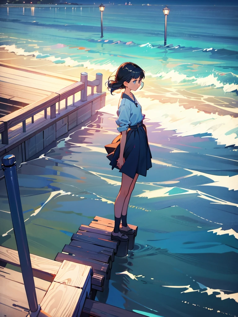 A girl stands on the edge of the pier, leaning her hands on the fence