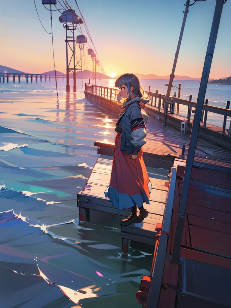 A girl stands on the edge of the pier, leaning her hands on the fence