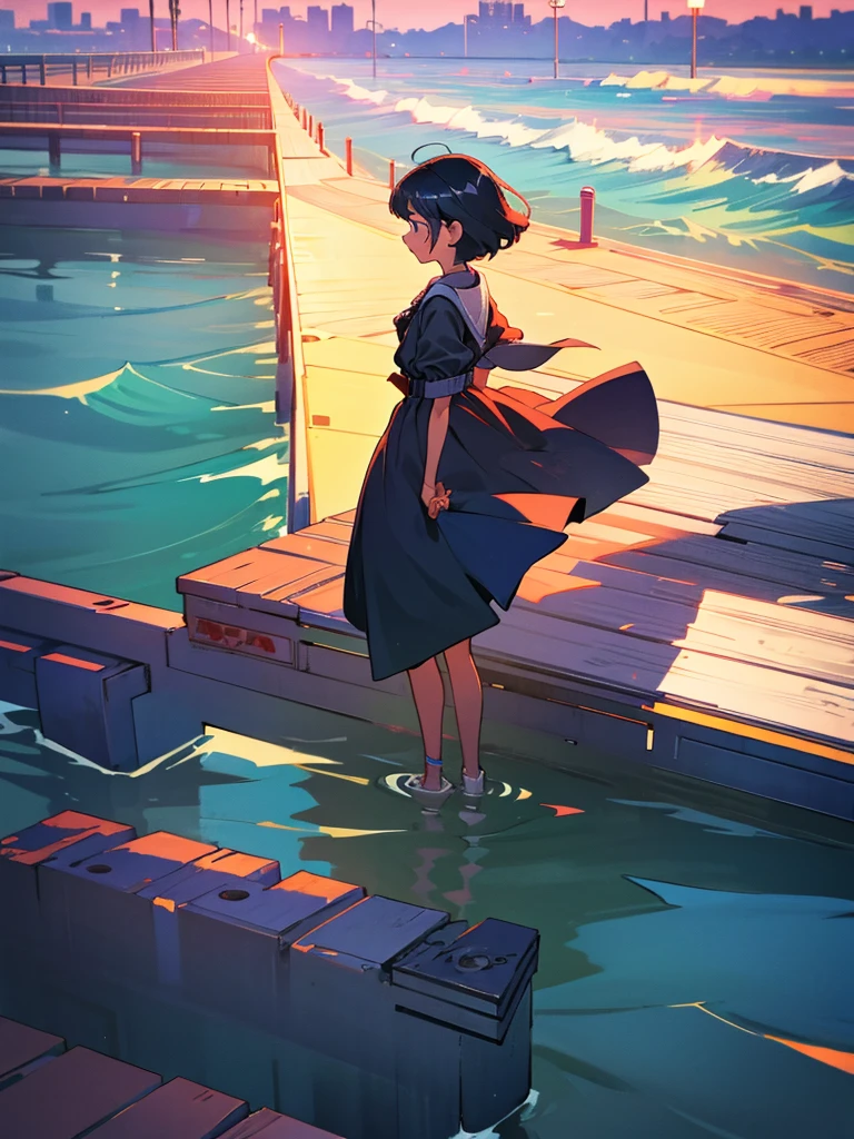 A girl stands on the edge of the pier, leaning her hands on the fence