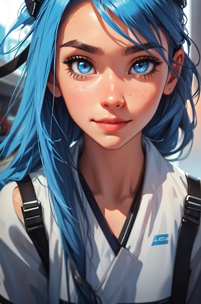 blue hair, zoom in face, close-up, portrait, futuristic girl in a mechapunk hangar, (work of art, best qualityer, ultra detali, high resolution, 4K),(beautiful detailed eyes),(very highly detailed face),(1 girl),HDR,long hair, Shorts, phone, eyes browns, bracelet, regatta, to attend, lips, focus only, glaze, Blurry background, ssmile, wristto attend, realisitic, Blurry, looking ahead at viewer
