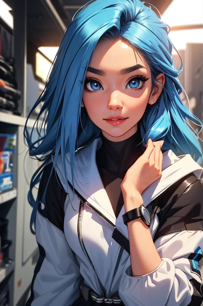 blue hair, zoom in face, close-up, portrait, futuristic girl in a mechapunk hangar, (work of art, best qualityer, ultra detali, high resolution, 4K),(beautiful detailed eyes),(very highly detailed face),(1 girl),HDR,long hair, Shorts, phone, eyes browns, bracelet, regatta, to attend, lips, focus only, glaze, Blurry background, ssmile, wristto attend, realisitic, Blurry, looking ahead at viewer