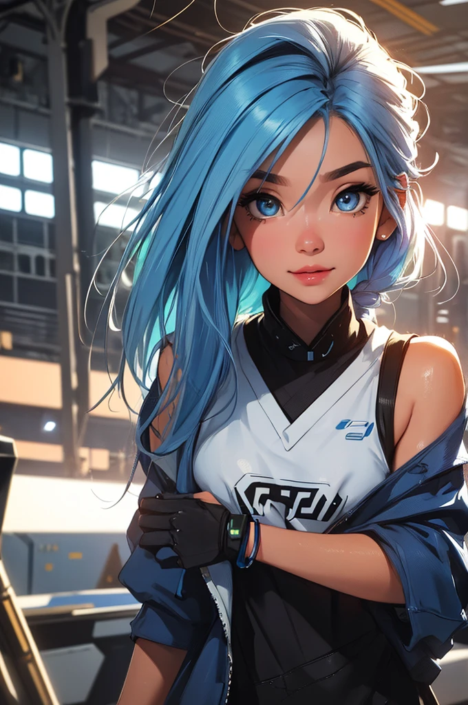 blue hair, zoom in face, close-up, portrait, futuristic girl in a mechapunk hangar, (work of art, best qualityer, ultra detali, high resolution, 4K),(beautiful detailed eyes),(very highly detailed face),(1 girl),HDR,long hair, Shorts, phone, eyes browns, bracelet, regatta, to attend, lips, focus only, glaze, Blurry background, ssmile, wristto attend, realisitic, Blurry, looking ahead at viewer