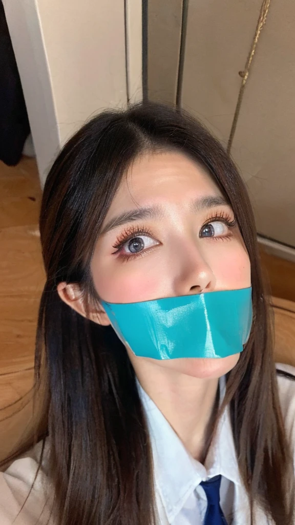 (highest quality, Realism, 8k, 32k, masterpiece, masterpiece:1.2, best quality:1.2, ultra-detailed:1.2, Ultra-high resolution:1.2, Hyper-detailed, Photorealistic photography, Very delicate and elaborate skin, gagged,tape gag,High resolution 16k on human skin、Enough detail to discern pores, Adjust brightness for natural skin, Reproduce very delicate and realistic lips, Very delicate and realistic human eyes, Hires.fix)Flight Attendant, Inside a night plane seat, ((Super Face Close Up, looking at viewer, shoot from Above:1.5 ,Looking up:1.5)) Put both ears in front of your hair:1.3, Short-haired young lady takes a selfie - close-up of her face, (Angle to chest, Viewpoint angle, Front facing face) Pull up your clothes to show your body, A valley of breasts that seem to be spilling out, ((Flight attendant uniform and miniskirt、Popular Korean Makeup)) cute、sex appeal、Cunning、Ahegao、Cross-eyed、Female face、Paranoid symptoms、(Shortcuts, Tie your hair back in a bun, Colorful hairpins, Hair Rubber Bands,) eye contact、Erotic look、Lip gloss、22 years old 、Highly detailed eyes、Highly detailed mouth、Fascinating breasts、Nose blushes、cheeks blush、(Slightly droopy eyes、Beauty Bureau)、Highly detailed whitening skin、Beautiful eyeliner、double eyelid、Lustrous lips、Beautiful Sexy Face