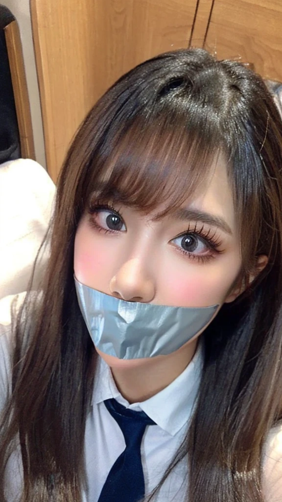 (highest quality, Realism, 8k, 32k, masterpiece, masterpiece:1.2, best quality:1.2, ultra-detailed:1.2, Ultra-high resolution:1.2, Hyper-detailed, Photorealistic photography, Very delicate and elaborate skin, gagged,tape gag,High resolution 16k on human skin、Enough detail to discern pores, Adjust brightness for natural skin, Reproduce very delicate and realistic lips, Very delicate and realistic human eyes, Hires.fix)Flight Attendant, Inside a night plane seat, ((Super Face Close Up, looking at viewer, shoot from Above:1.5 ,Looking up:1.5)) Put both ears in front of your hair:1.3, Short-haired young lady takes a selfie - close-up of her face, (Angle to chest, Viewpoint angle, Front facing face) Pull up your clothes to show your body, A valley of breasts that seem to be spilling out, ((Flight attendant uniform and miniskirt、Popular Korean Makeup)) cute、sex appeal、Cunning、Ahegao、Cross-eyed、Female face、Paranoid symptoms、(Shortcuts, Tie your hair back in a bun, Colorful hairpins, Hair Rubber Bands,) eye contact、Erotic look、Lip gloss、22 years old 、Highly detailed eyes、Highly detailed mouth、Fascinating breasts、Nose blushes、cheeks blush、(Slightly droopy eyes、Beauty Bureau)、Highly detailed whitening skin、Beautiful eyeliner、double eyelid、Lustrous lips、Beautiful Sexy Face
