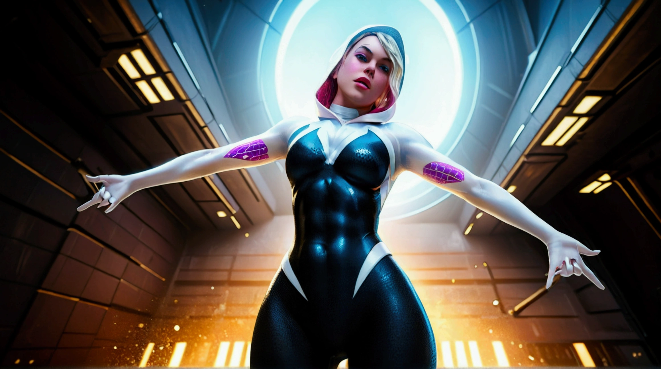 A realistic, spider-gwen, gwen stacy, hyperrealistic Spidergwen with athletic muscle, textured saturated white and black and pink trage, (best quality,4k,8k,highres,masterpiece:1.2),ultra-detailed,(realistic,photorealistic,photo-realistic:1.37),professional,vivid colors,bokeh, well defined cameltoe, camel toe, large puffy vulva, camera angle looking up, showing pussy, genitalia visible, nipples poking from beneath