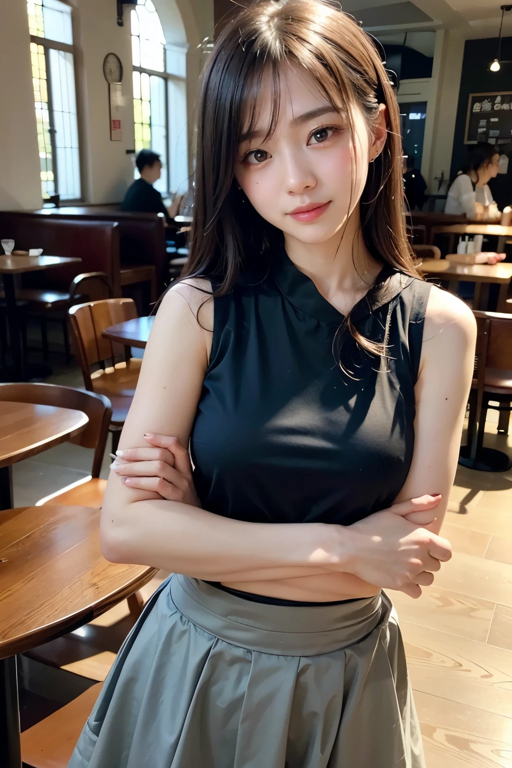 (Highest quality,masterpiece:1.8,Ultra-high resolution,),(Super detailed,Caustics),(Photorealistic:1.4, RAW shooting:1.3,)Ultra-Realistic Capture,Very detailed,High resolution 16K human skin close-up。 The skin texture is natural、,Pores、It needs to be detailed enough to be easily identifiable。 Skin should be even-toned and healthy looking。 Use natural light and colour,BREAK,(Posing at the cafe,She is wearing a sleeveless top and a skirt.:1.8),20-year-old,Beauty,((Happy face)),Looking up at the camera((,Big Breasts:1.2)),