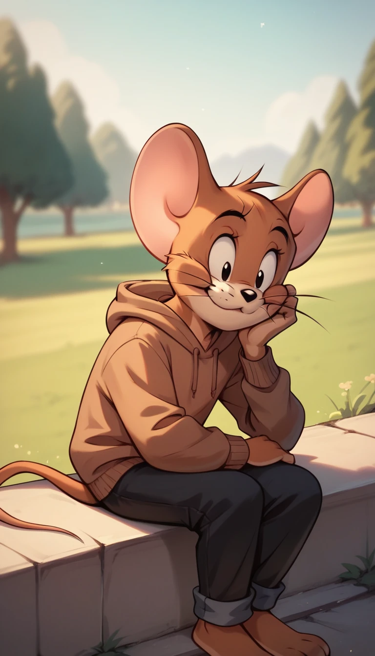 Fraction_9, Fraction_8, Fraction_9, rest, Jerry, mouse, Whiskers, mouse ears, mouse tail, outdoor, Lovely,Brown hoodie,Black pants,whole body