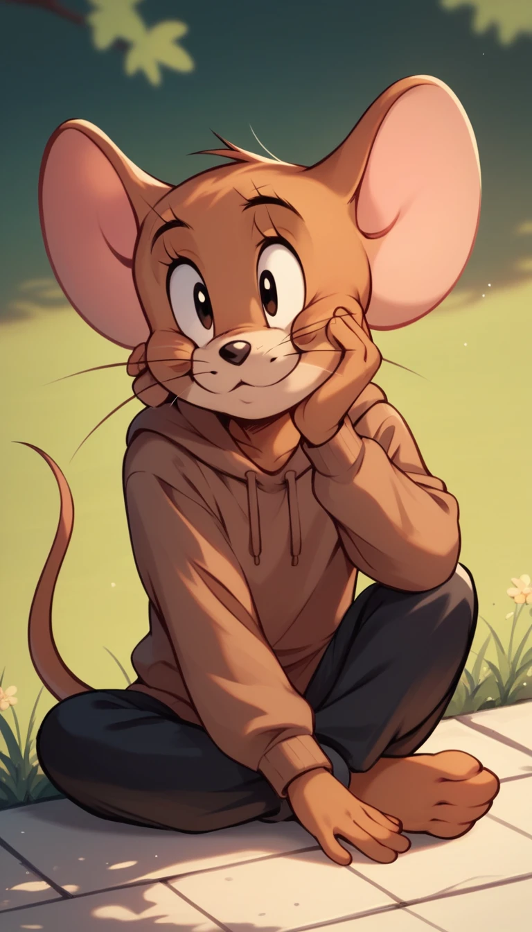 Fraction_9, Fraction_8, Fraction_9, rest, Jerry, mouse, Whiskers, mouse ears, mouse tail, outdoor, Lovely,Brown hoodie,Black pants,whole body