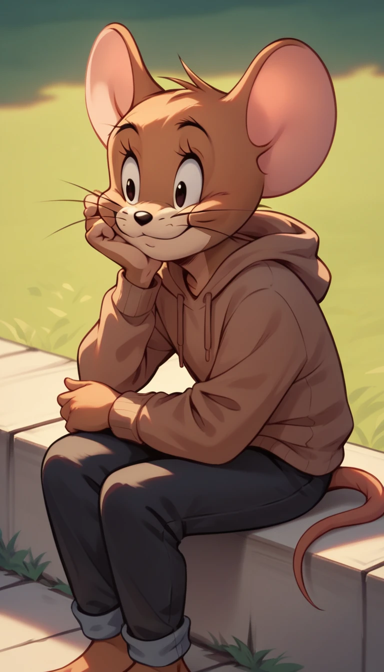 Fraction_9, Fraction_8, Fraction_9, rest, Jerry, mouse, Whiskers, mouse ears, mouse tail, outdoor, Lovely,Brown hoodie,Black pants,whole body