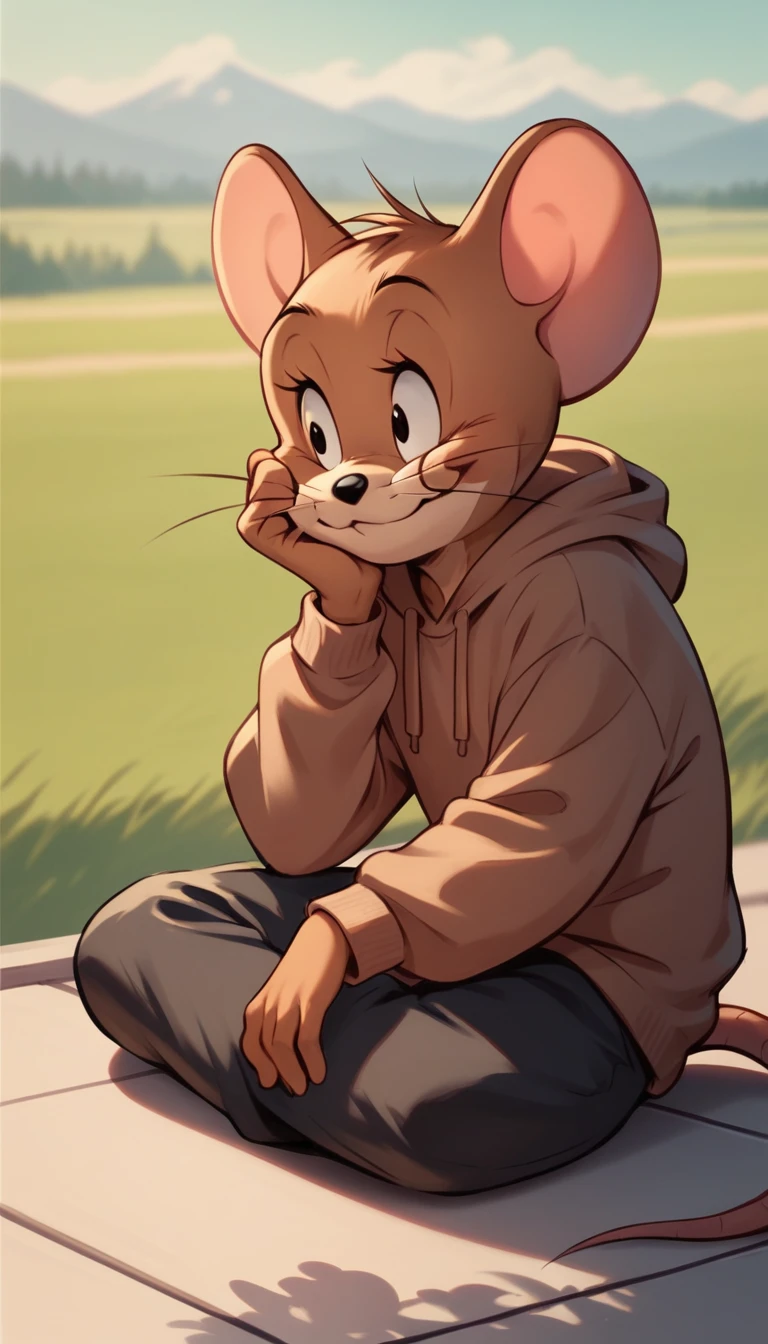 Fraction_9, Fraction_8, Fraction_9, rest, Jerry, mouse, Whiskers, mouse ears, mouse tail, outdoor, Lovely,Brown hoodie,Black pants,whole body