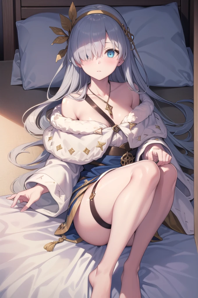 ((Sleeping in bed)),Overhead Shot,fgoAnastasia, Anastasia, blue eyes, Grey Hair, Hair between the eyes, (Hair on one eye:1.5), Long Hair, bangs,Exposed shoulders,Beautiful eyes like jewels,
break blue Cape, brown hair band, Cape, dress, Fur trim, hair band, Royal Robes, sash, tachi-e, white dress, Wide sleeves,
break looking at viewer,
break indoors,
break (masterpiece:1.2), Highest quality, High resolution, unity 8k wallpaper, (figure:0.8), (Beautiful attention to detail:1.6), Highly detailed face, Perfect lighting, Highly detailed CG, (Perfect hands, Perfect Anatomy),