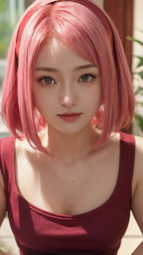 A real life adaptation of this character, Haruno Sakura in the anime Naruto Shipunden, has a chakra seal point like Tsunade Senju in the middle of her forehead, has a beautiful face of a teenage girl, realistic clothes, realistic short pink hair, left side swept bangs, neat hair appearance, realistic shadows, realistic light, realism, hyper realistic, realistic background, (photorealistic: 1.2), looking at the viewer, Hd photo display, high resolution with 
Quality detail, costum has not been changed ,A realistic photo girl, (the same realistic hairstyle), realistic beautiful face, realistic cool expression, adapt the same realistic clothes, realistic light, realistic shadow, realistic background, good image quality, very good image output, 4k, very detailed, realistic