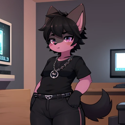 create an image of a black femboy furry wearing a short black shirt and black pants with a black chain on the side of the pants and with pink cheeks with a background as if it were a gamer room