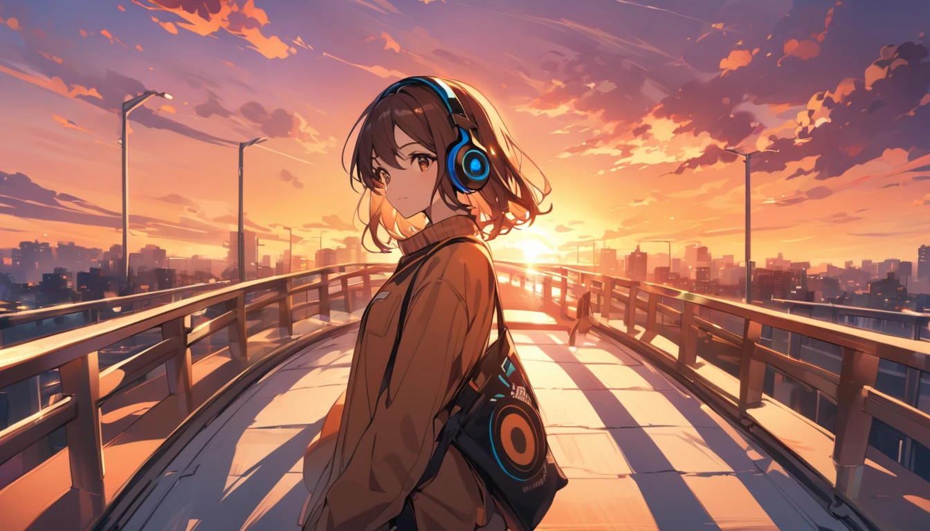 Girl wearing headphones,Brown Hair,1 person,bright,Detailed Background,Sunset Bridge - Crossing a bridge dyed in the sunset