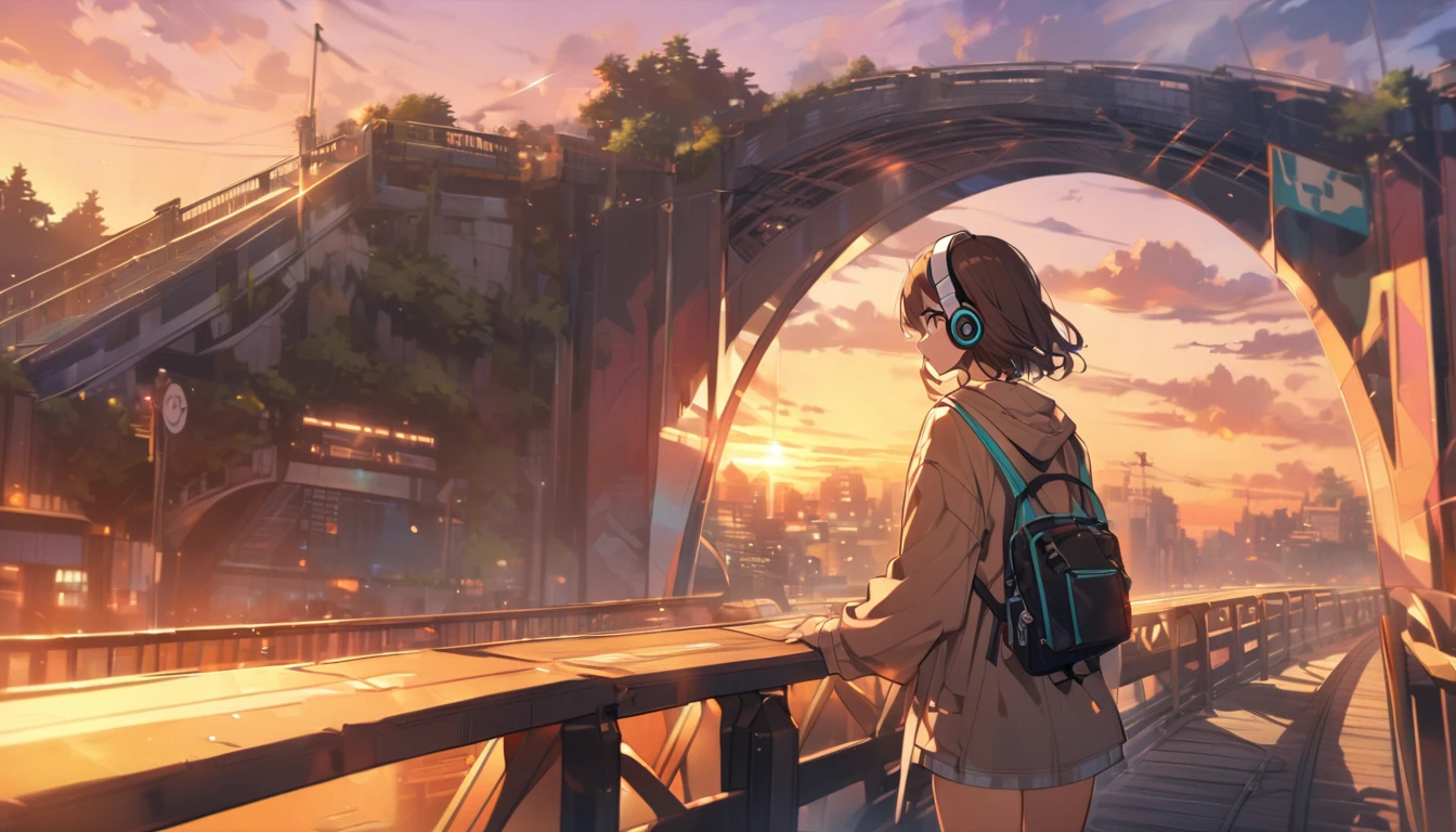 Girl wearing headphones,Brown Hair,1 person,bright,Detailed Background,Sunset Bridge - Crossing a bridge dyed in the sunset