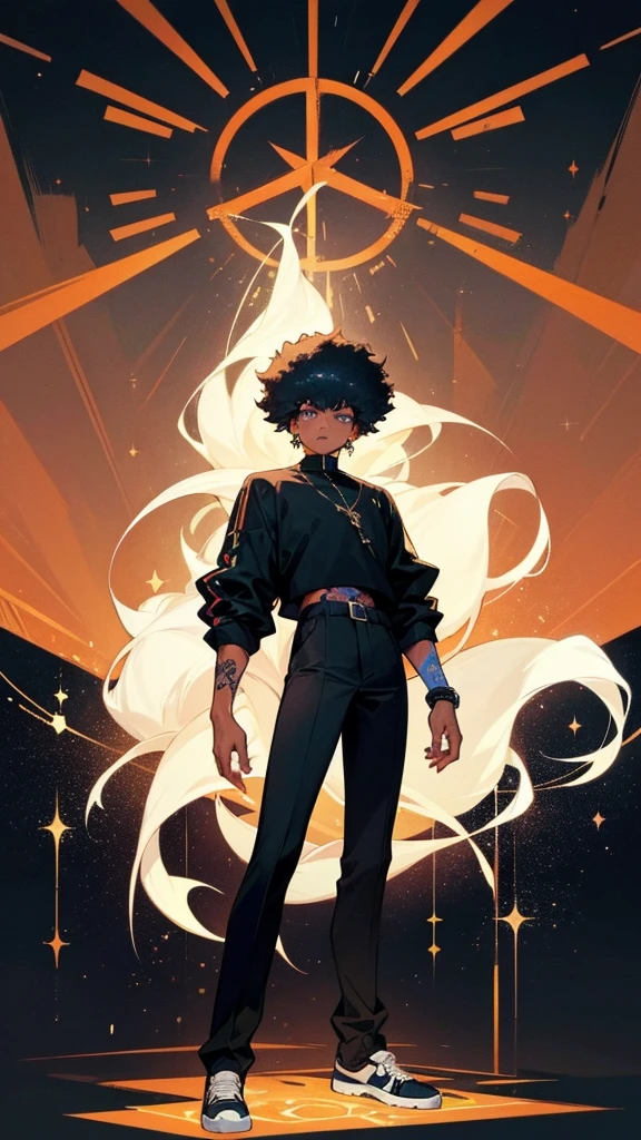 90s style gangster characterblack man, stylish black clothes, white sneakers, short afro hair, standing, full body, tattoo on the left arm, looking at the camera, celestial image background, angry sign in the background of the image, sparkles, high quality