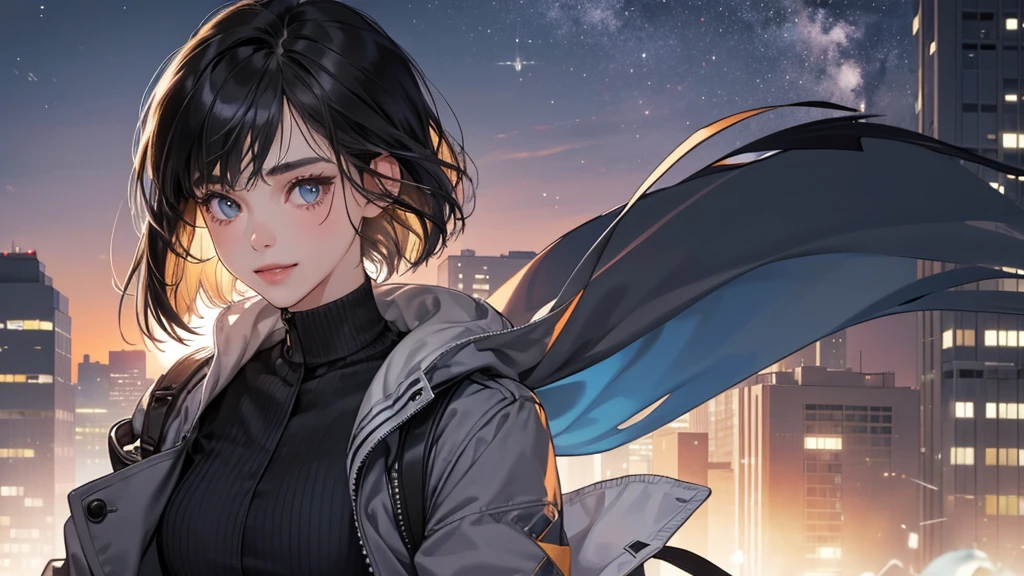 (perfect anatomy:1.2)(absurdres, highres, ultra detailed),masterpiece,best quality,high resolution,8k,Realistic face,Realistic skin texture,magnified textures, stunning clarity,detailed anime girl,(ultra detailed eyes and face),(1 girl:1.7)21years old,she is office worker,,smile:1.2,black hair, bob cut,natural make,grey jacket and pants,black brouse,,sparkling eyes.small nose,roundface、just left the office when it was time to leave,night, bussines district,she is walking,happy,she just leave her company,upper body