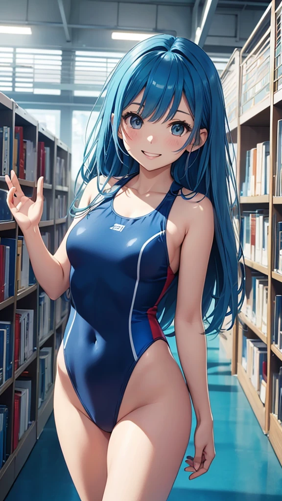 Gal、Waving、laughing、Blue Hair、Wearing a swimsuit、Around 25 years old、Anime style illustrations、Inside the library