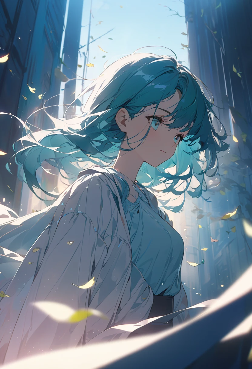 (High Detail:1.2)Anime Girl,(Cinematic Lighting,Delicate Colors),(Falling Leaves:1.2), Calm Lighting, Wind, Fog. Turquoise, delta shades. discord banner