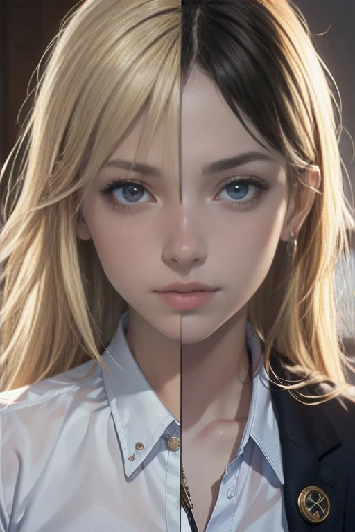 Highest quality, Ultra-high resolution, (Realistic:1.4), One girl, Button-down shirt, Black Skirt, School, Dark brown hair, chest, (Blonde:1.2), View your viewers, (Highly detailed face:1.1),,  (Pure Eros Face_v1:0.8),Tick tock,  