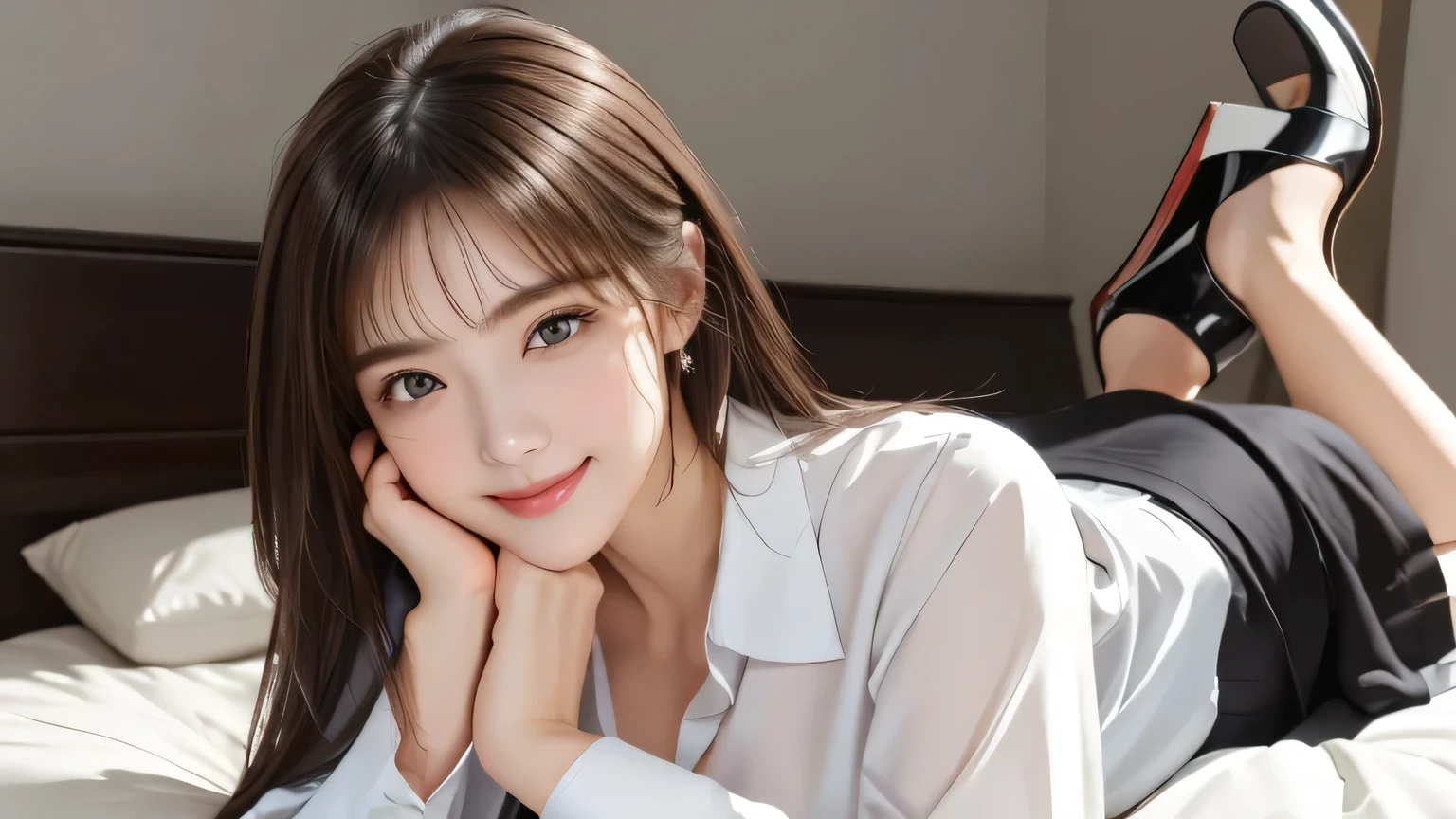 masterpiece、Highest quality、Ultra-high resolution、RAW Photos、Realistic、Bright lighting、Face Light、Smooth Professional Lighting、(whole body), Sleep on your stomach, (from front:1.2), (Put her elbows on the bed:1.2), (rest her chin on her hand:1.4)、one personの女の子、Perfect model body shape、Beautiful Eyes、Big eyes、Inconspicuous tear bags、(slim:1.2)、bangs、Brown Hair、Red、(Medium sized big breasts:1.1)、Clothing Surroundings、Waist、clavicle、Eyebrows visible through hair、smile、jewelry、Long Hair、ear、Earrings,(unbuttoned Formal shirt:1.4), (Skirt:1.1), (high heels:1.2)、black eye、smile、one person、bed、zero、Bedroom、figure、fashionable、woman、Vibrant, (smile)、colorful、dynamic、background、element、have confidence、performance、Keep、statement、accessories、Surroundings、Touch、scene、Bold、to attract attention、stylish、Impression、modern、trend、concentrated、fashion、