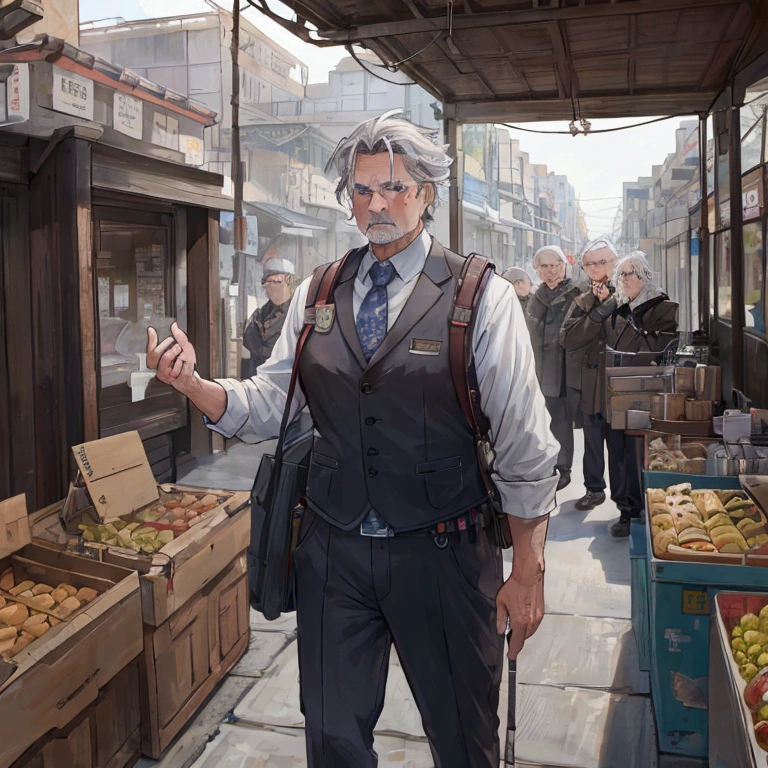 Adventurer、A middle-aged man with gray hair expressing his gratitude and determination to a large group of residents.。In the background、A scene of the defense line being improved and the supply system being improved.、It depicts the residents understanding their roles and taking action.、Please express it in a way that gives a sense of new order and unity to the whole town.。