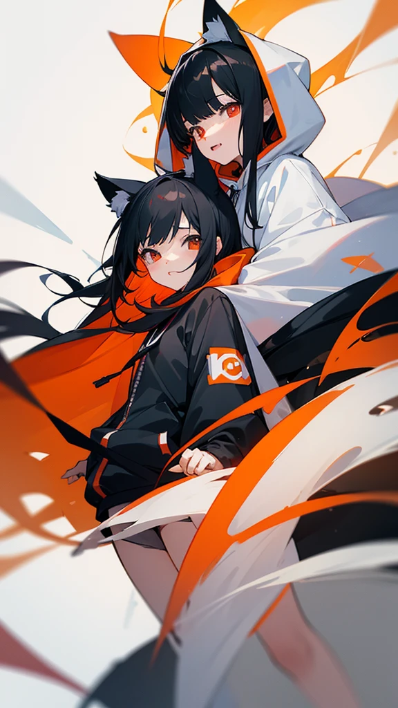 Anime illustration、Two Girls、Black Hair、Orange Hair、white and black hoodie、Wearing a hood、Hood with cat ears、White background、Bright expression、Grey Eyes、Red eyes、Transparent eyes、Ink drawing