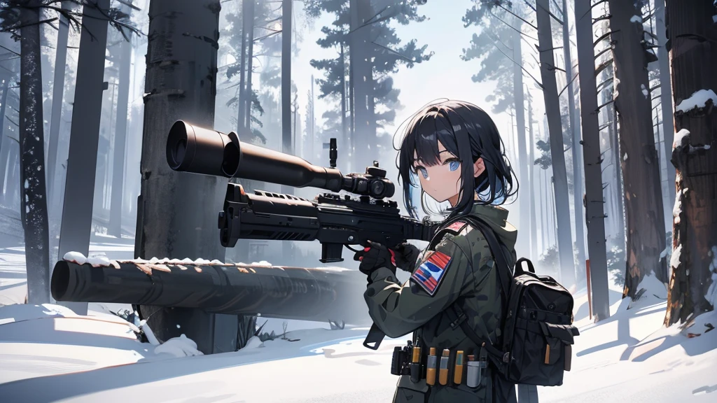 Girl soldier with a gun in the wilderness