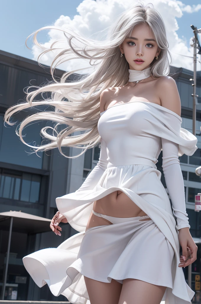 Heterochromatic iris，Silver Haired Girl，High Resolution Free，(Semi-transparent off-the-shoulder white dress)、(The wind blows up my skirt)、(White panties are visible)