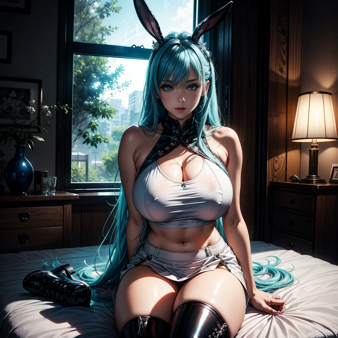 1girl, (solo), long hair, light blue hair, rabbit ears, blue eyes, smile, arrogant, big breasts, big tall, white crop top, deep neckline, white skirt, black boot, sitting on bed, window behind, japanese room, (night), (very sexy body, detailed face, detailed eyes, masterpiece, highly detailed, 8k, best quality, vibrant colors, digital art, concept art)