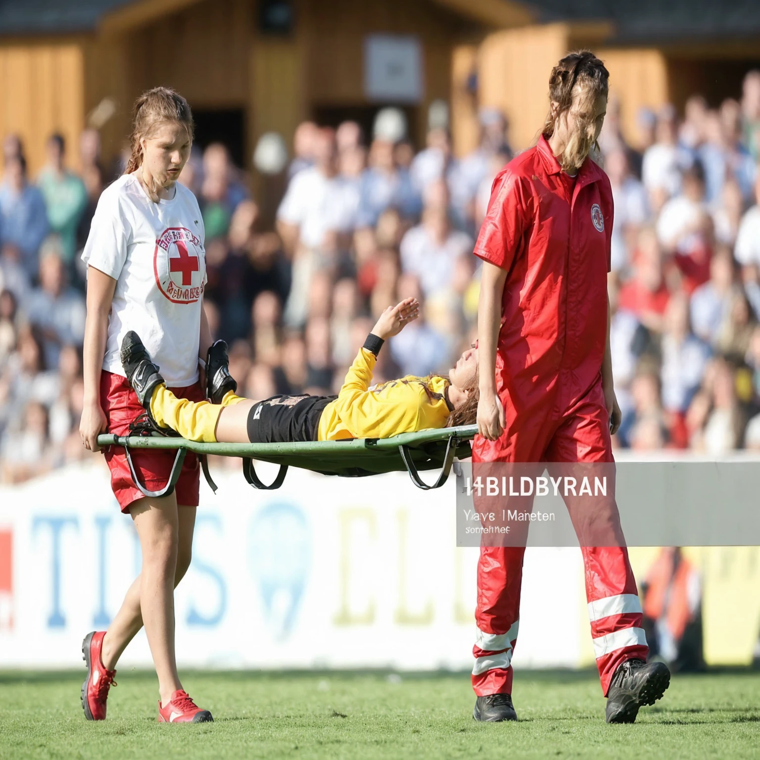 There is a man lying on a stretcher with his hands crossed over his face, a man in a t-shirt and sports shorts has crossed his hands over his face, the man has an agonised face under his hands, two longhaired and ponytailed women that are wearing very shiny coats, there are longhaired women wearing laquered puffy coats, longhaired women are walking in wetlook puffy coats, several women walking around a football field with an injured athlete on a stretcher, the injured athlete on the stretcher covers his face with both hands, the women look very worried, behind the women there is a frightening atmosphere, there is heavy rainfall in the background, video still, behind the scenes, Malika Favre, screenshot, footage, 4 0 9 6, cover photo, aesthetic shot, dramatic mood, intense scene, Making of, Mongezi Ncaphayi, Thriller atmosphere, Filming, Edited
