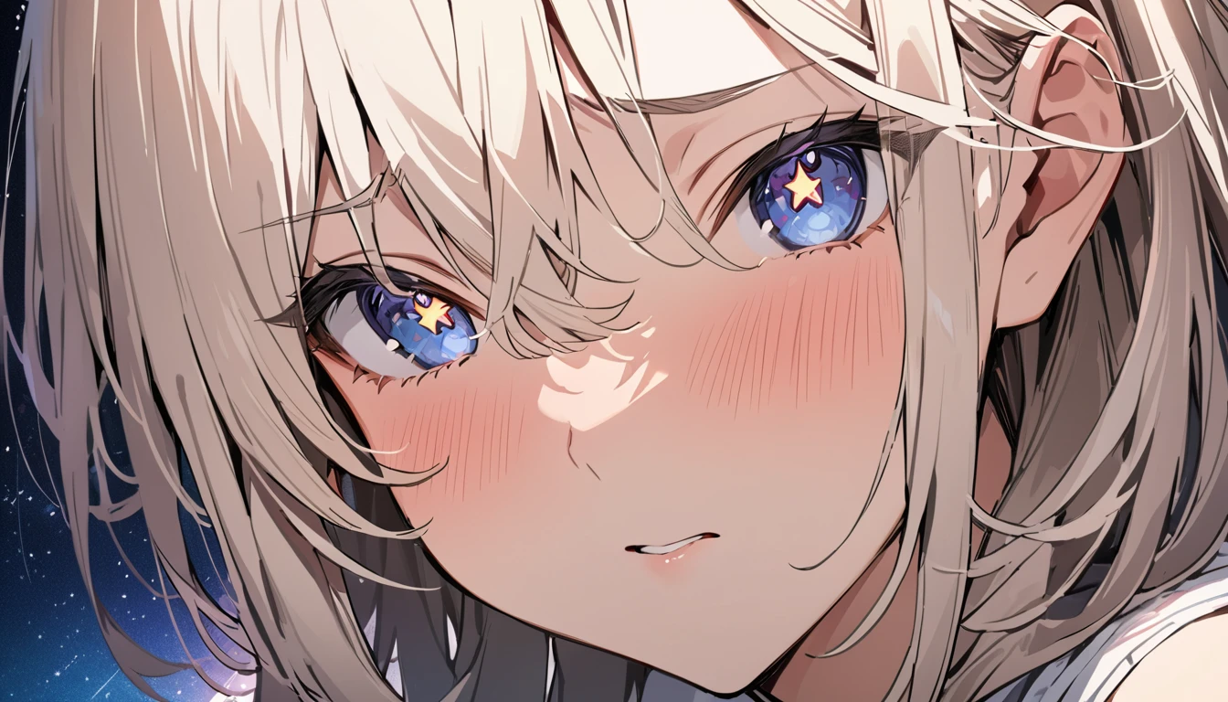 masterpiece, High resolution, perfect face, Japan beauties, 30 years old, beautiful face, star sky background, high school student, embarrassed look, look at the camera, (top quality eyes), detailed texture, Look at me, Married woman, cool women, ((high resolution eyes)), hentai eye
