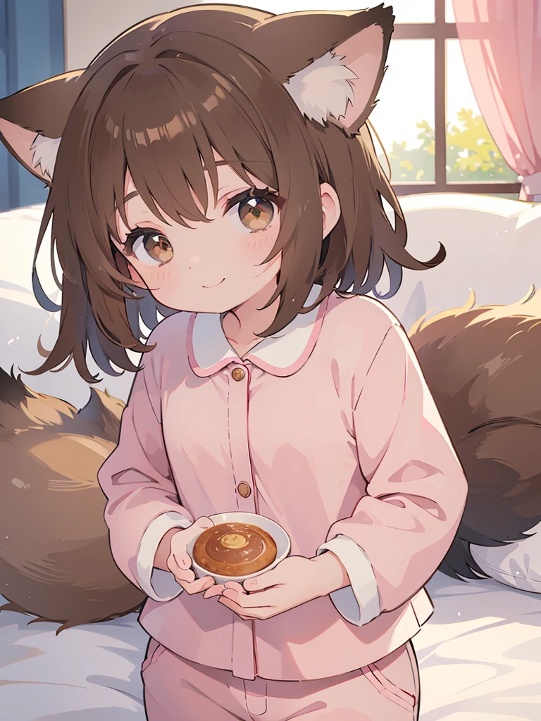 A cute little lowteen anime girl, short brown wavy hair, anime style, big shiny brown eyes, fox ears, 11 years old, summer,night,on the bed,smile,pajamas,
