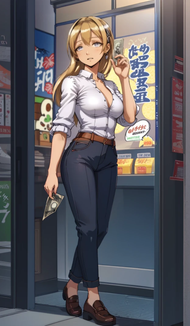 anime girl in white shirt and brown pants holding a money, ( waitress ) girl, seductive anime girl, convenience store, oppai, blonde anime girl with long hair, gray eyes, black shoes