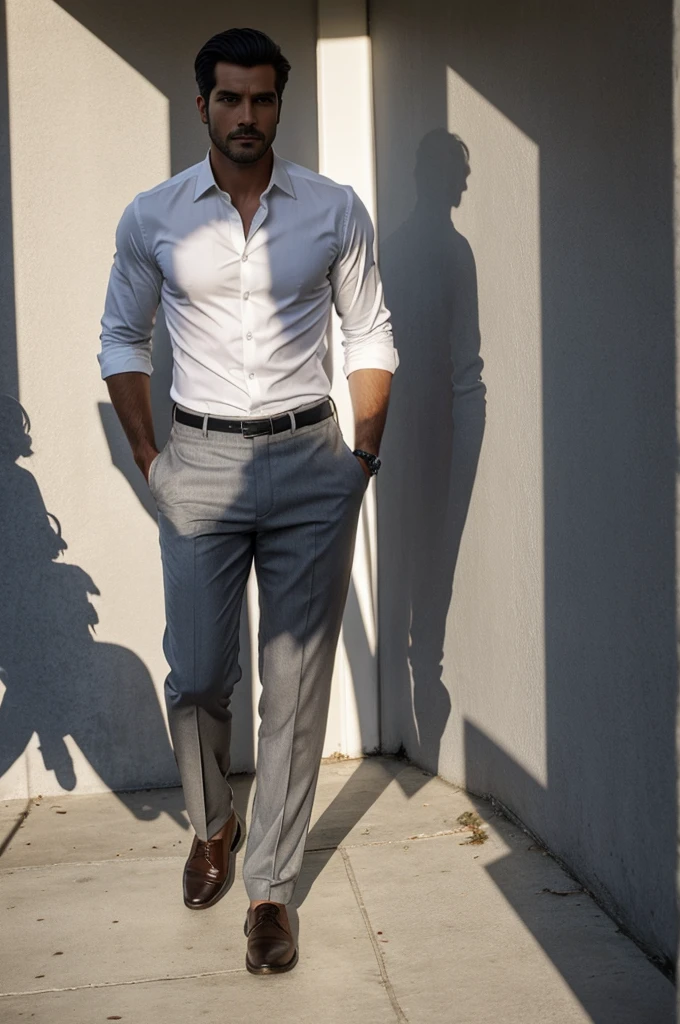 A man in a white shirt and gray pants with his face in the shadows