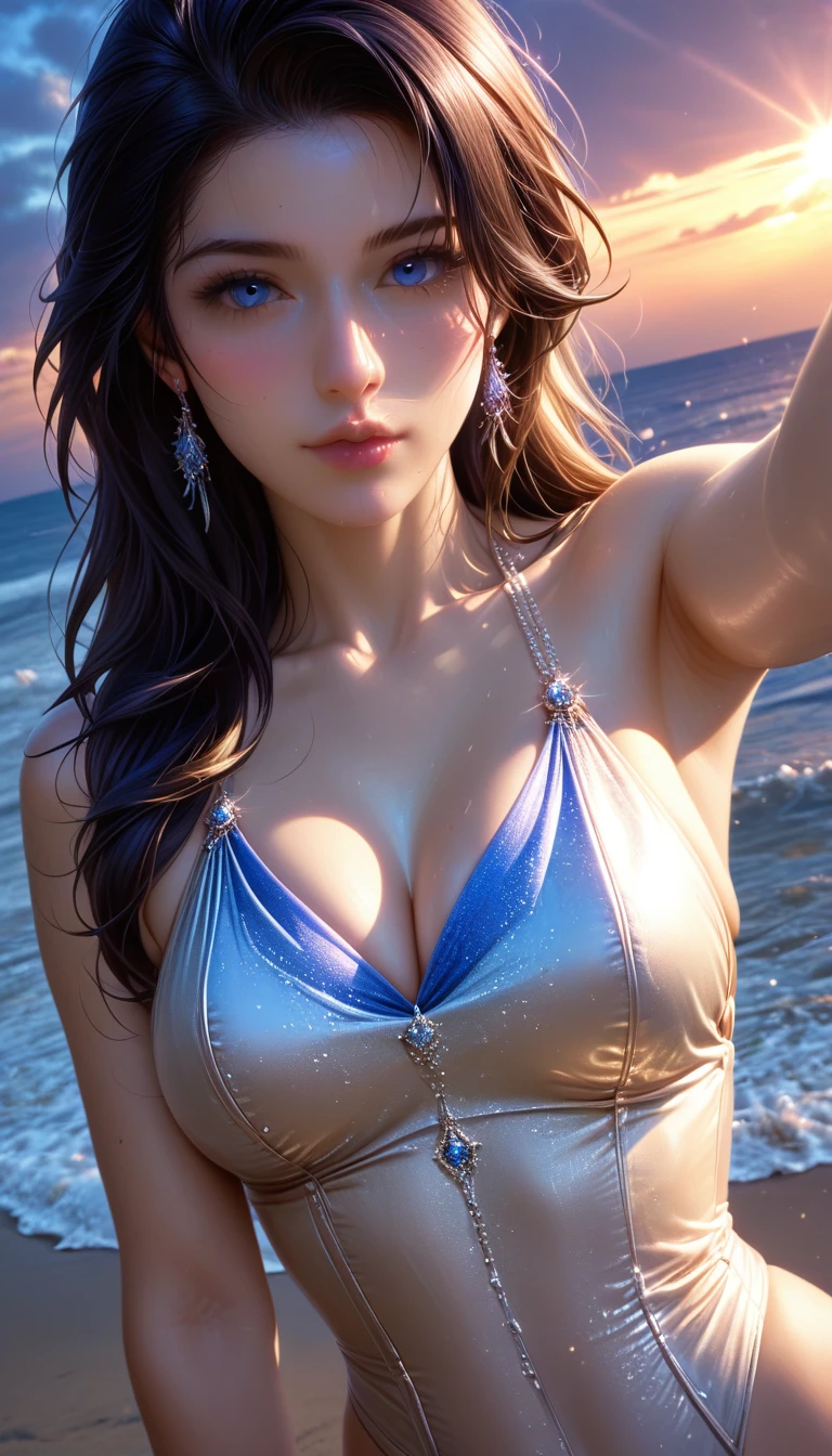 score_9, score_8_Excellent, score_7_Excellent,
((Masterpieces with up to 16K resolution:1.6)),Highest quality,it is really amazing,Very detailed,Ultra-high resolution,((Real:1.5)),((Realistic:1.5)),Increased depth of field,((Cinematic Light Effects:1.5)),
Elegant mature woman,
Long black hair,((Ultra-detailed and beautiful faces:1.5)),Translucent white skin,Very detailedな肌の質感,Great proportions,Anatomically correct body,
Elegant high leg swimsuit,Artistic design,Beautiful and detailed pattern,Luxurious jewellery decoration,Detailed fabric texture,
Coastal landscape at dusk,Dark clouds and dark sky,delay々Continuing sandy beach, Deserted Beach,Dark sea surface,
((Focus on a woman's face:1.5)),((Dramatic Angle:1.8)),