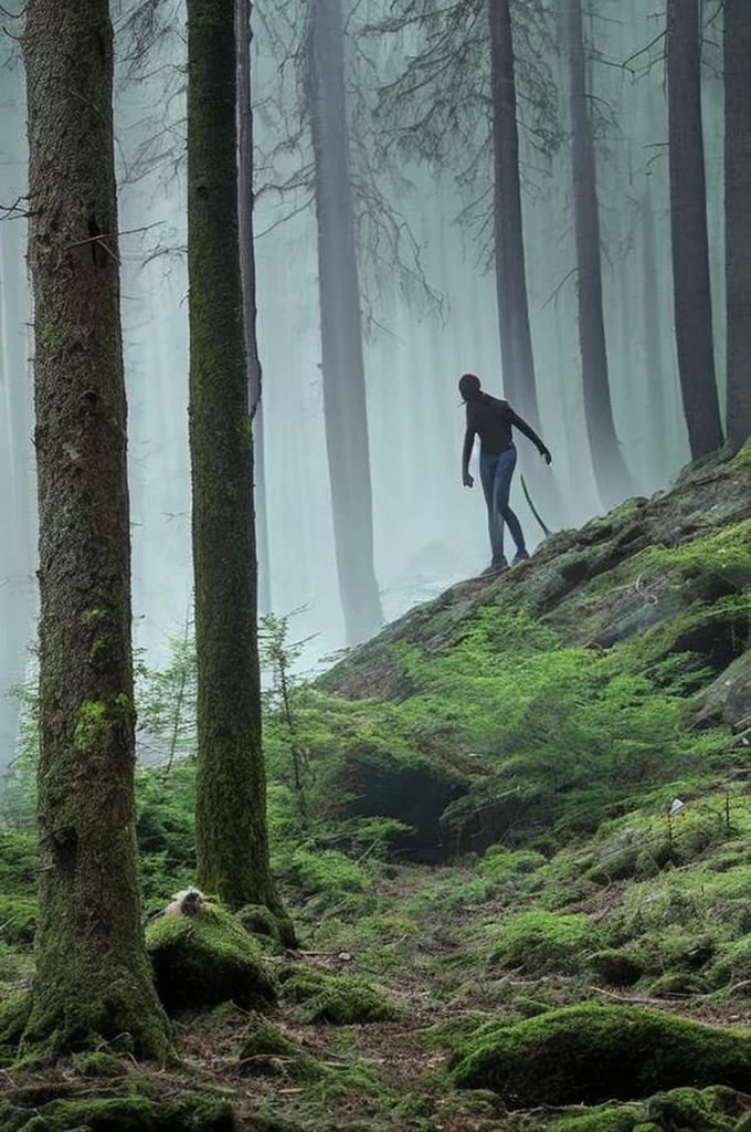 skinwalker, whole body, in a forest environment, thin limbs