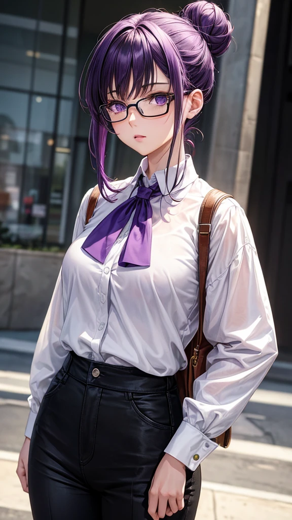 (masterpiece), best quality, expressive eyes, perfect face, purple hair, yellow eyes, women,  white blouse, hair in a bun, black pants, one person, pretty, anime, black glasses